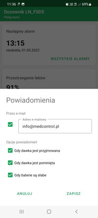 Powiadomienia e-mail | Aplikacja DoseControl