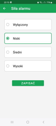 Przegląd siły alarmu - wyłączony, niski, średni lub wysoki