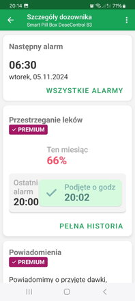 Przejrzyste menu główne ze wskazaniem następnego alarmu, procentowego dopasowania wypłaty i statusu powiadomień