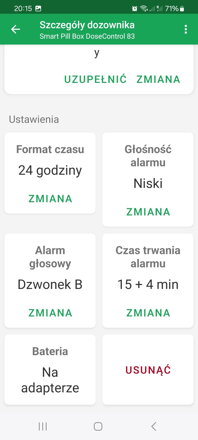 Menu główne ze wskazaniem trybu dozowania i ustawień dozownika - format czasu, siła alarmu, dźwięk alarmu, czas trwania alarmu i stan baterii