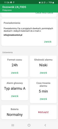 Dostępne ustawienia | Aplikacja DoseControl