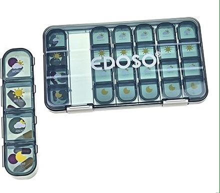 Dozownik leków na 7 dni, dozownik leków z 4 przegrodami, rano, w południe, wieczorem, w nocy, odporne na wilgoć, bez BPA, wzór tabletki, duże przegrody, przenośne i kompaktowe