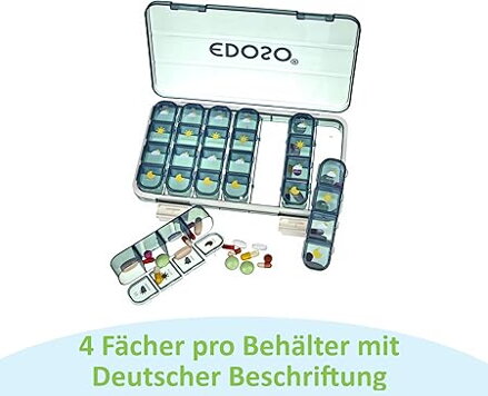 Dozownik leków na 7 dni, dozownik leków z 4 przegrodami, rano, w południe, wieczorem, w nocy, odporne na wilgoć, bez BPA, wzór tabletki, duże przegrody, przenośne i kompaktowe