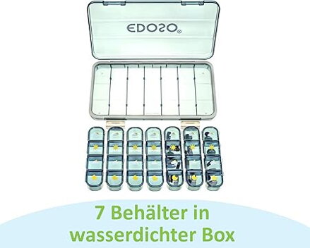 Dozownik leków na 7 dni, dozownik leków z 4 przegrodami, rano, w południe, wieczorem, w nocy, odporne na wilgoć, bez BPA, wzór tabletki, duże przegrody, przenośne i kompaktowe