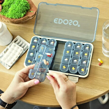 Dozownik leków na 7 dni, dozownik leków z 4 przegrodami, rano, w południe, wieczorem, w nocy, odporne na wilgoć, bez BPA, wzór tabletki, duże przegrody, przenośne i kompaktowe