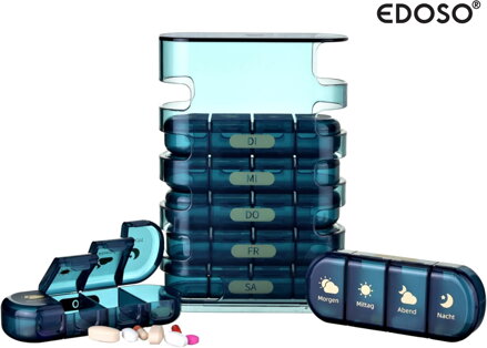 EDOSO Dozownik leków na 7 dni, 28 przegródek, konstrukcja wieżowa, kolor niebieski