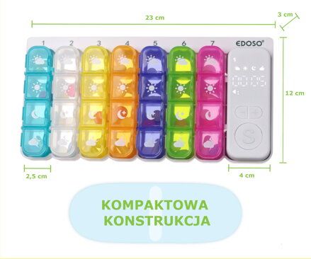 Duży tygodniowy elektroniczny dozownik leków na 7 dni z inteligentnym alarmem i wyświetlaczem LED EDOSO – model 2026 Polski