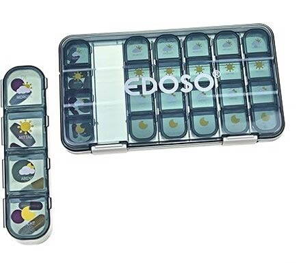 Dozownik leków na 7 dni, dozownik leków z 4 przegrodami, rano, w południe, wieczorem, w nocy, odporne na wilgoć, bez BPA, wzór tabletki, duże przegrody, przenośne i kompaktowe