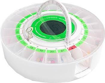 Model 2025 z innowacyjnym systemem dozowania, automatycznym elektronicznym dozownikiem  leków, 9 alarmami dziennie, 21 wyjmowanymi pojemnikami, 3 bezpiecznymi metalowymi zatrzaskami, dużą pojemnością na leki